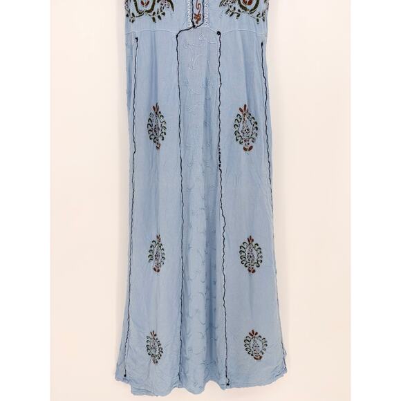 Sky Blue Embroidered Cotton Boho Tie Back Sleeveless Midi Dress Size S - Picture 3 of 6